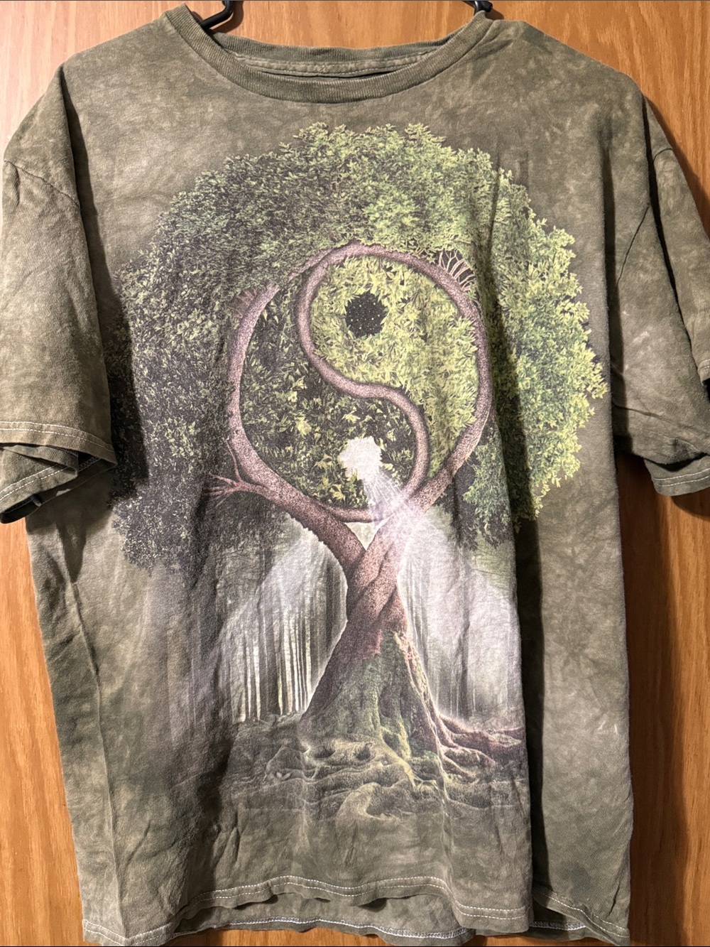 Men’s Large 3D Tees Olive Green Tie-Dye Yin Yang Tree Graphic T-Shirt